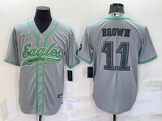 Men's Philadelphia Eagles #11 A. J. Brown Gray With Patch Cool Base Stitched Baseball Jersey